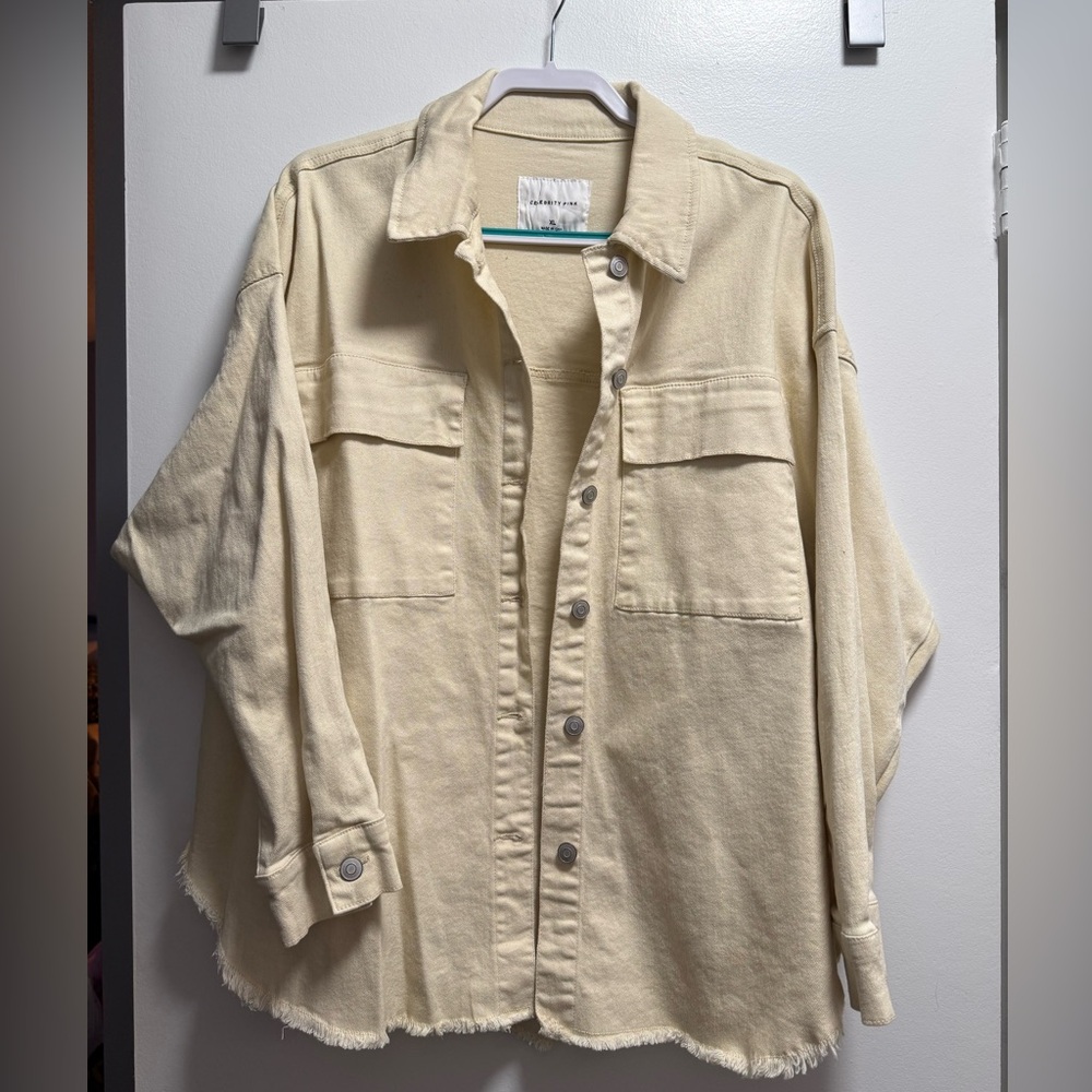 Casual Cream Button-Down Shacket for Women